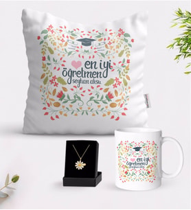 BK Gift Kişiye Özel En İyi Öğretmen Beyaz Kupa Yastık ve İsimli Papatya Kolye Hediye Seti-15 (Model 1)