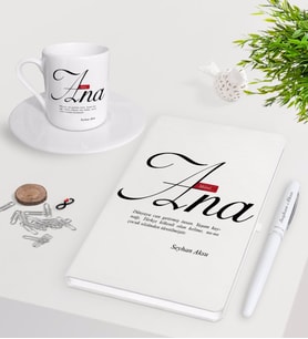 BK Gift Kişiye Özel Mânâ Ana Beyaz Defter Kalem Türk Kahvesi Fincanı Seti-1 (Model 1)