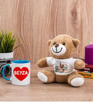 Sevgiliye Hediye İsim Yazılı Kalpli Mavi Kupa Bardak ve Peluş Ayıcık