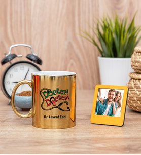 Doktor Doktor Gold Kupa Bardak ve Sarı Mini Fotoğraf Çerçevesi