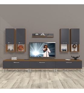 Decoraktiv Eko 8da Mdf Krom Ayaklı Tv Ünitesi Tv Sehpası (Antrasit - Ceviz)