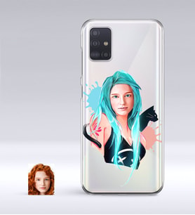 BK Gift Kişiye Özel Kedili Kız Karikatürlü Samsung Galaxy A51 İnce Şeffaf Silikon Telefon Kapağı-1 (Beyaz)