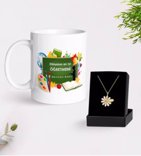 BK Gift Kişiye Özel Dünyanın En İyi Öğretmeni Beyaz Kupa ve Papatya Kolye Hediye Seti-26 (Model 1)