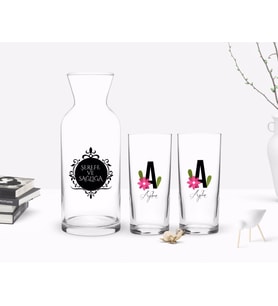 BK Gift Kişiye Özel Renkli Baskılı Harf ve İsim Tasarımlı İkili Rakı Bardağı ve Karaf Hediye Seti-4 (Model 1)
