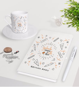BK Gift Kişiye Özel Öğretmenler Günümüz Kutlu Olsun Beyaz Defter Kalem Türk Kahvesi Fincanı Seti-1 (Model 1)
