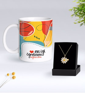 BK Gift Kişiye Özel En İyi Öğretmen Kupa Ve Papatya Kolye Hediye Seti-5 (Model 1)