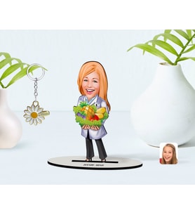 BK Gift Kişiye Özel Kadın Diyetisyen Karikatürlü 3D Ahşap Biblo ve İsimli Gold Papatya Anahtarlık-1 (Model 1)