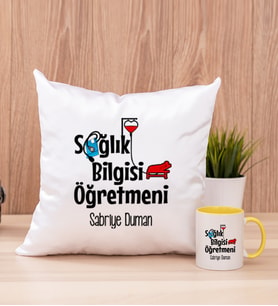 Sağlık Bilgisi Öğretmeni Kare Yastık ve Sarı Kupa Bardak