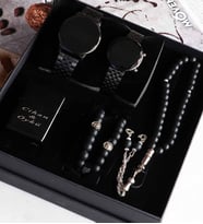 Çift Sevgili Kol Saatleri + Kişiye Özel Çakmak+Tesbih+Bileklik Set (Siyah)