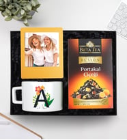 Kişiye Özel Harf Tasarımlı Kupa & Sarı İnstagram Çerçevesi & Beta Tea Portakal Çiçeği Bitki Çayı Hediye Seti