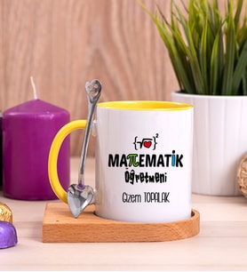 Matematik Öğretmeni Ahşap Altlıklı Sarı Kupa Bardak