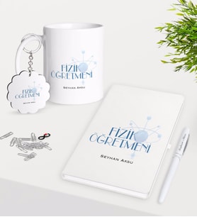 BK Gift Kişiye Özel Fizik Öğretmeni Kupa Anahtarlık Beyaz Defter Kalem Hediye Seti-1 (Model 1)
