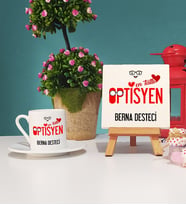 Mesajlı Optisyen Tasarımlı Kişiye Özel Optisyen Türk Kahvesi Fincanı ve Dekoratif Taş Baskı Hediye Seti