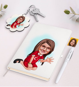 BK Gift Kişiye Özel Kız Çocuk Karikatürlü Beyaz Defter Kalem ve Anahtarlık Hediye Seti-2 (Model 1)
