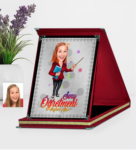BK Gift Kişiye Özel Bayan Öğretmen Karikatürlü Kırmızı Plaket  3