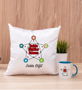 Halkla İlişkiler Uzmanı Kare Yastık ve Mavi Kupa Bardak