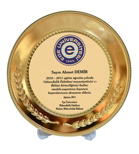 Altın renkli plaket metal tabak 25 cm