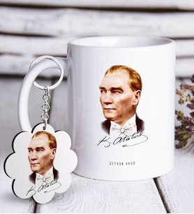 BK Gift Kişiye Özel Atatürk Temalı Beyaz Kupa ve Anahtarlık Hediye Seti-15 (Model 1)