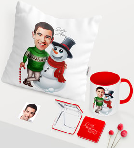 BK Gift Kişiye Özel Yılbaşı Temalı Bay Karikatürlü Kırmızı Kupa Ayna Yastık Seti - 5