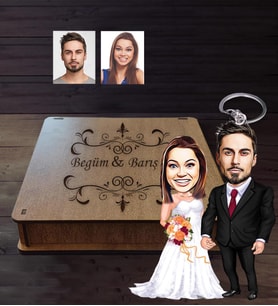 Kişiye Özel Gelin Damat Karikatürlü Ahşap Anahtarlık Kutulu  Mod-8