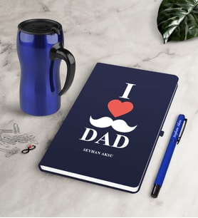 BK Gift Kişiye Özel Babamı Seviyorum Lacivert Defter Kalem Termos Mug Seti (Model 1)