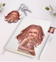 BK Gift Kişiye Özel Kız Çocuk İllüstrasyon Tasarımlı Beyaz Defter Kalem Ve Anahtarlık Hediye Seti-3 (Model 1)