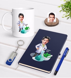 BK Gift Kişiye Özel Erkek Eczacı Karikatürlü Lacivert Defter Kalem Kupa 32gb USB Bellek Hediye Seti-1 (Model 1)