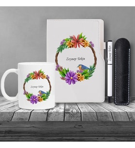 Kişiye Özel UV Baskılı Kuş Desenli Beyaz Defter Roller Kalem Kupa Seti