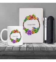 Kişiye Özel UV Baskılı Kuş Desenli Beyaz Defter Roller Kalem Kupa Seti