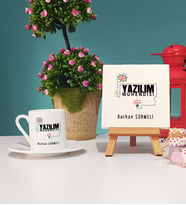 Yazılım Mühendisi Tasarımlı Kişiye Özel Hediye Yazılım Mühendisi Türk Kahvesi Fincanı ve Dekoratif Taş Baskı Seti