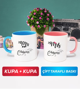 İkili Çiftlere Özel Mr Mrs Sevgiliye Hediye Kupa Bardak Mavi Pembe