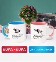 İkili Çiftlere Özel Mr Mrs Sevgiliye Hediye Kupa Bardak Mavi Pembe