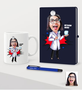 BK Gift Kişiye Özel Bayan Diş Hekimi Karikatürlü Lacivert Defter Kalem Kupa Seti - 2 (Model 1)