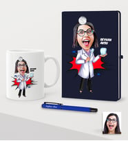 BK Gift Kişiye Özel Bayan Diş Hekimi Karikatürlü Lacivert Defter Kalem Kupa Seti - 2 (Model 1)