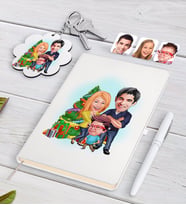 BK Gift Kişiye Özel Yeni Yıl Aile Karikatürlü Beyaz Defter Kalem ve Anahtarlık Hediye Seti-3 (Model 1)
