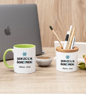 Denizcilik Öğretmeni Yeşil Kupa Bardak Ve Kalemlik Seti