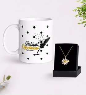 BK Gift Kişiye Özel Edebiyat Öğretmeni Beyaz Kupa ve Papatya Kolye Hediye Seti-3 (Model 1)