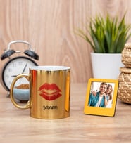 Dudak Tasarım Gold Kupa Bardak ve Sarı Mini Fotoğraf Çerçevesi