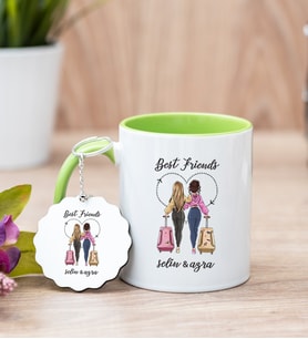 Best Friends İki İsimli Yeşil Kupa Bardak ve Anahtarlık Set