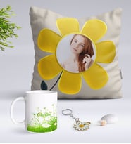 BK Gift Kişiye Özel Fotoğraflı Papatya Yastık Kupa ve Gold Papatya Anahtarlık-6 (Model 1)