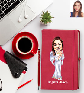 Kişiye Özel Bayan Karikatürlü Kırmızı Defter Kalem Hediye Seti Model-8