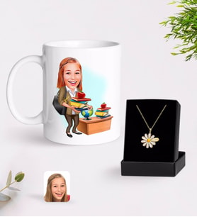 BK Gift Kişiye Özel Bayan Öğretmen Karikatürlü Kupa Ve Papatya Kolye Hediye Seti-4 (Model 1)