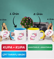 İkili Mavi Sarı Kişiye Özel İsim Yazılı Çiçek Tasarımlı Kupa Bardak Anahtarlık Hediye Seti