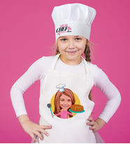 BK Gift Kişiye Özel Küçük Chef Karikatürlü Kız Çocuk Mutfak Önlüğü ve Aşçı Şapkası Seti-10 (Beyaz)