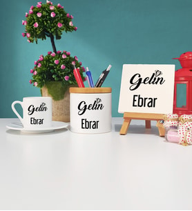 Gelin Tasarımlı Kişiye Özel Gelin Türk Kahvesi Fincanı Kalemlik ve Dekoratif Taş Baskı Hediye Seti