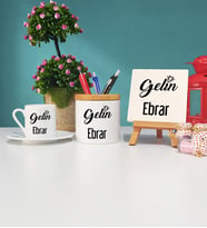 Gelin Tasarımlı Kişiye Özel Gelin Türk Kahvesi Fincanı Kalemlik ve Dekoratif Taş Baskı Hediye Seti