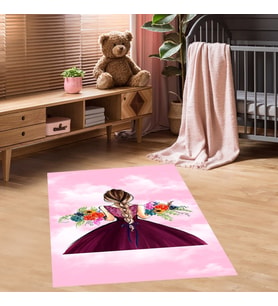 Prenses Dijital Baskı Yıkanabilir Kaymaz Taban Çocuk Bebek Odası Halısı (Pembe)