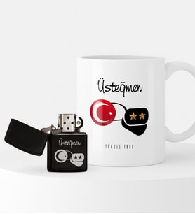 BK Gift Kişiye Özel Üsteğmen Temalı Çakmak ve Kupa Seti - 1