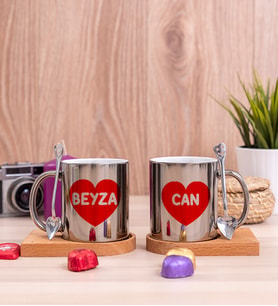 İsim Yazılı Kırmızı Kalpli Ahşap Altlıklı İkili Silver Kupa Bardak