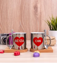 İsim Yazılı Kırmızı Kalpli Ahşap Altlıklı İkili Silver Kupa Bardak